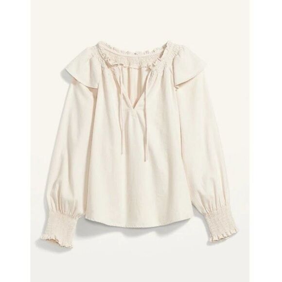 Puff-Sleeve White-Wash Ruffle-Trimmed Smocked Jean Blouse - Picture 1 of 12